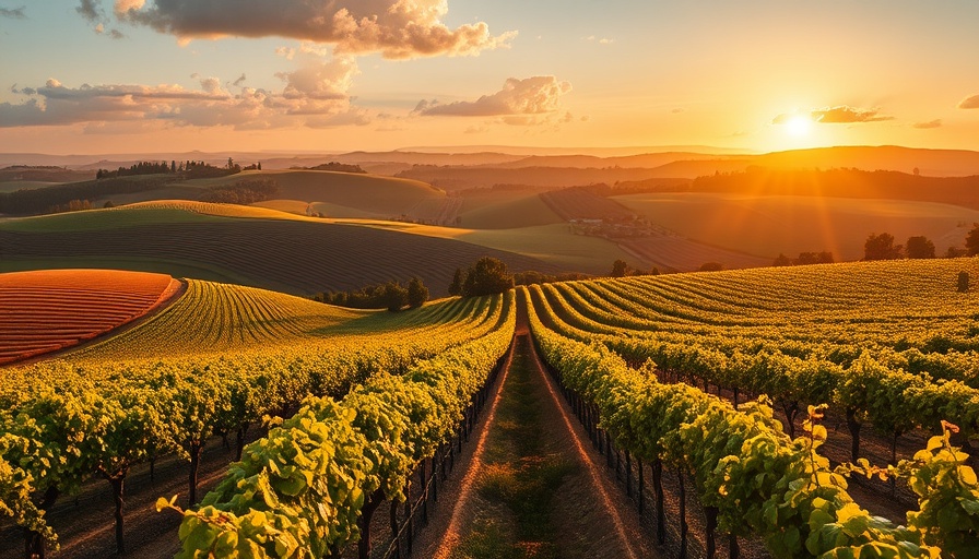 Idyllic vineyard landscape at sunset, symbolizing Texas wine industry.