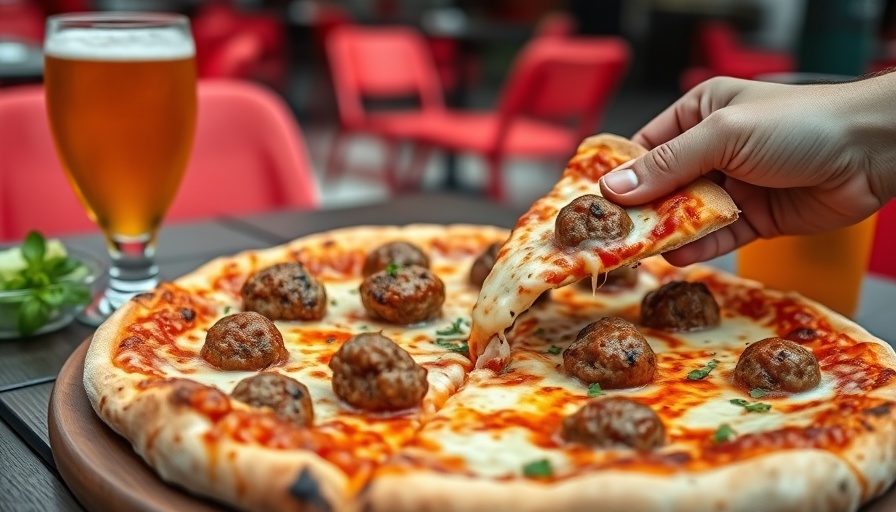 Goodbye Horses pizza Dallas: Hand picking a cheesy pizza slice with beer.