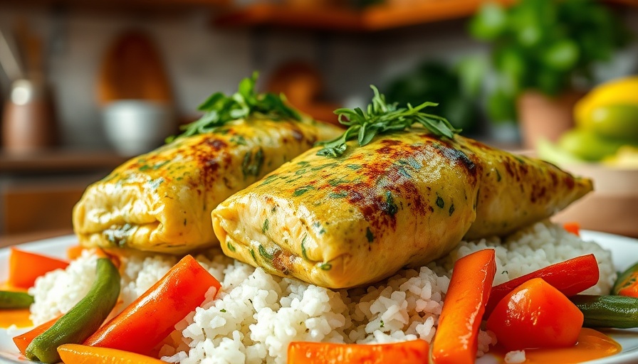 Green Curry Fish Parcels with herbs and veggies on rice.