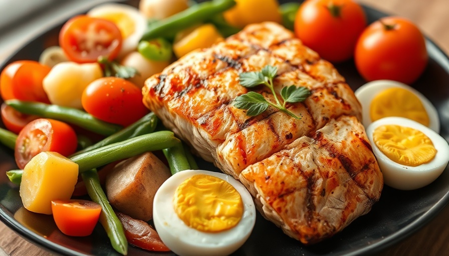 Dallas Mediterranean restaurant dish with grilled salmon, vegetables, and eggs.