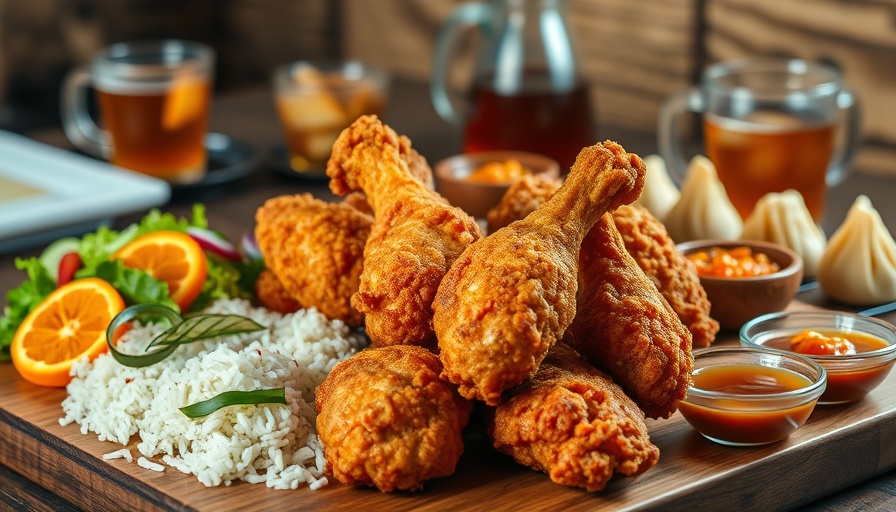 Dallas Best Fried Chicken platter with sides on rustic table.