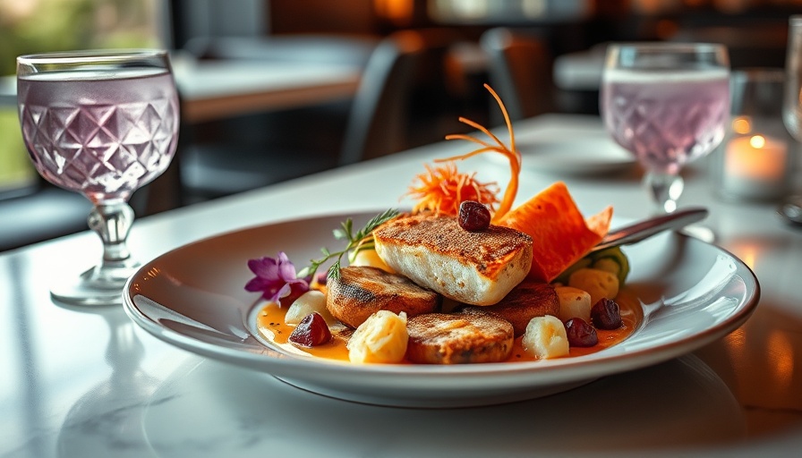 Gourmet seafood dish on The Mont's fall menu, vibrant garnish.