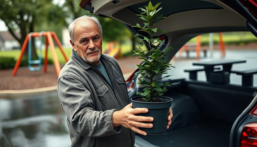 Man with a five-gallon tree beside car in Dallas event.