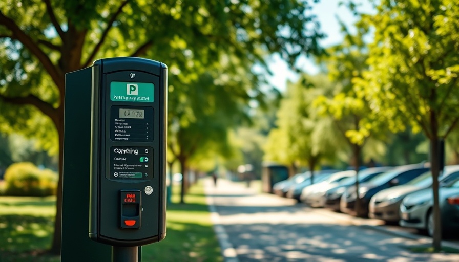 Modern parking meter in park setting, sunny day, Dallas.