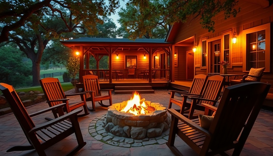 Outdoor lodge with fire pit in Texas Hill Country, perfect for a weekend trip.