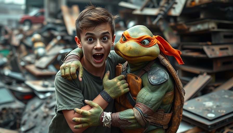 Ernie Reyes Jr. TMNT character in scrapyard scene with Turtle.