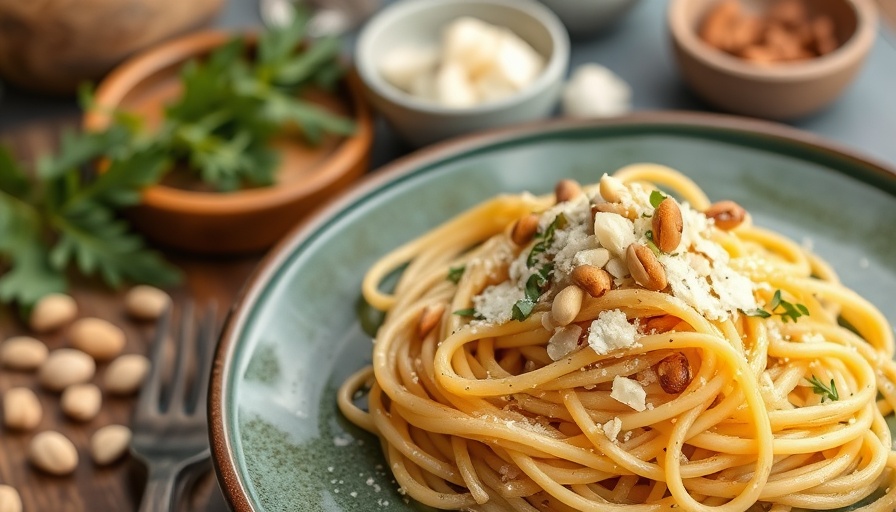 Sausage Broccoli and Pesto Pasta garnished with pine nuts and parmesan.
