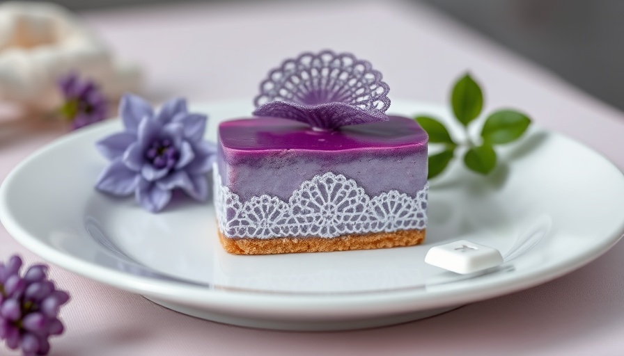 Gourmet dessert at Ella Restaurant North Dallas with purple lace accent