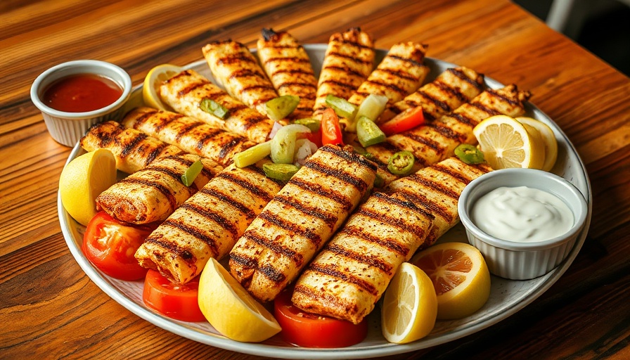 Grilled Arayes in Richardson with fresh sides on a wooden table.