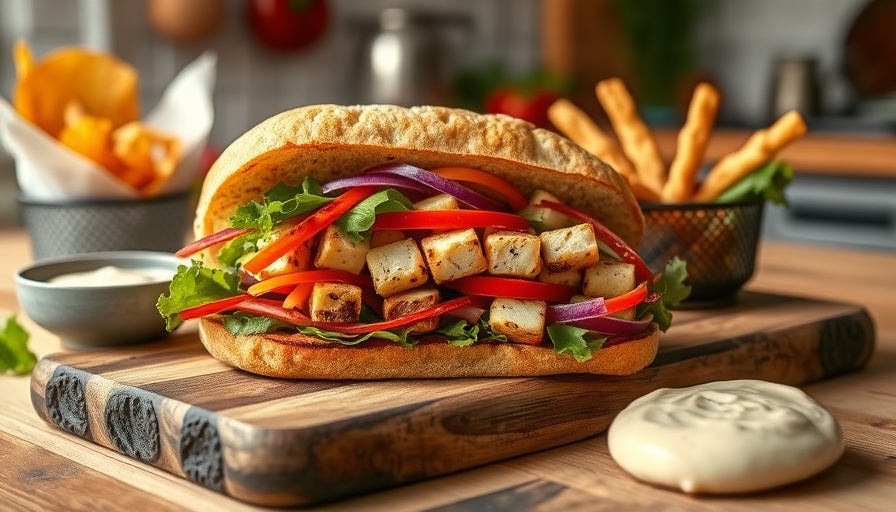 Vegan Banh Mi sandwich with chips and sauce on a wooden board.