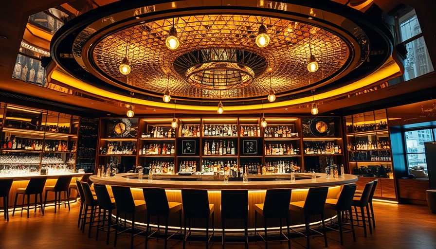 Luxurious bar at Evelyn Steakhouse Dallas with a golden mirrored ceiling.