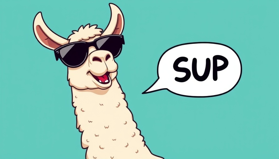 Cool cartoon llama wearing sunglasses, saying 'SUP'. Open generative AI model.