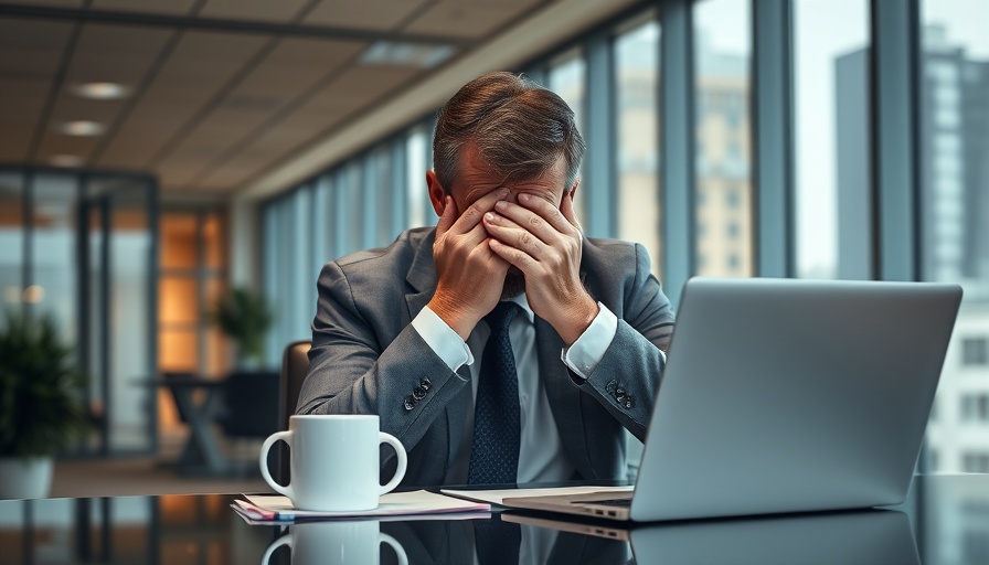 Frustrated businessman at desk, indicative of AI missteps in consulting, in a warmly lit office.