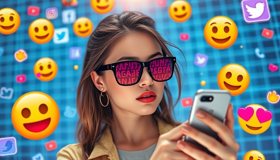Stylish woman managing social media with digital emojis