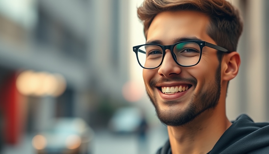 Confident young man in glasses, smiling in workplace.