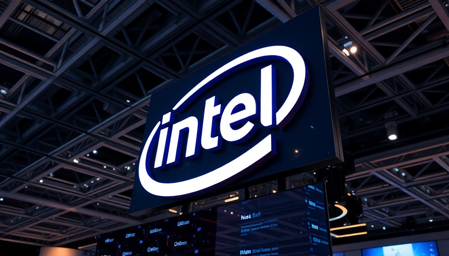 Intel logo at tech conference, highlighting Intel 18A semiconductor technology.
