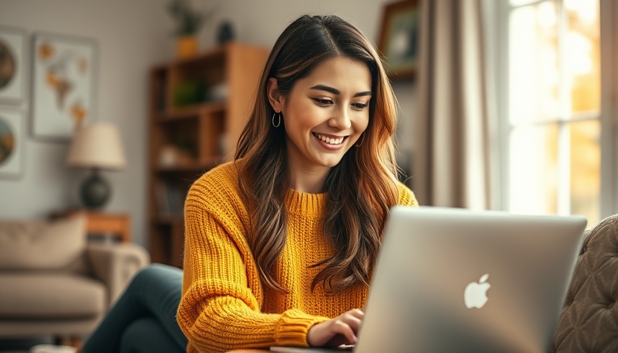 Young woman smiling at a laptop in a cozy home setting.