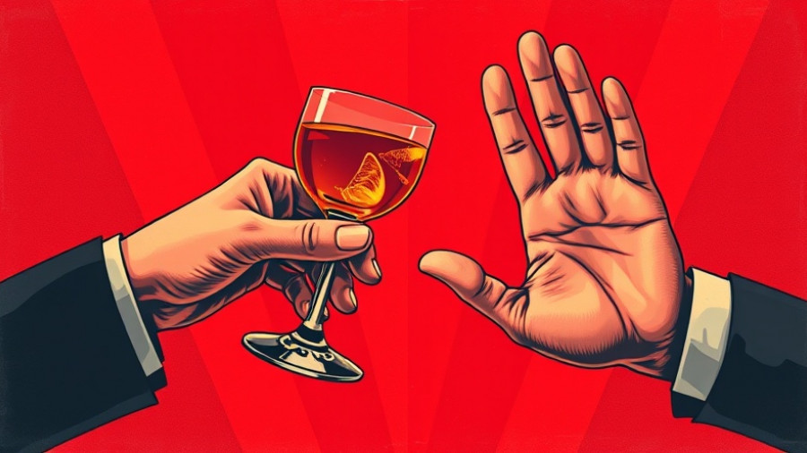 Illustration highlighting Ozempic alcohol consumption, hand rejecting cocktail.