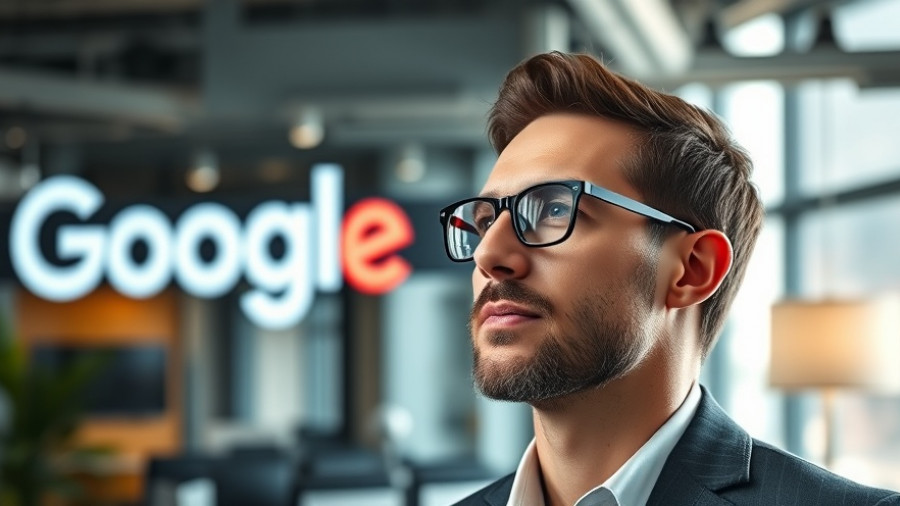 Confident person with glasses in front of blurred Google logo.