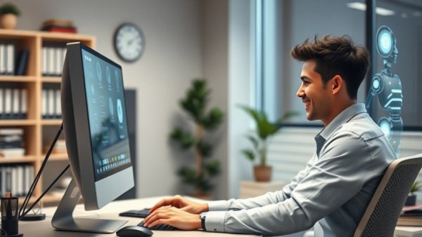 Professional interacting with AI anime character at office desk, AI companions for small business.