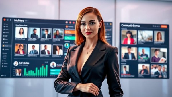 Modern community interface with magazine cover, students' service projects.