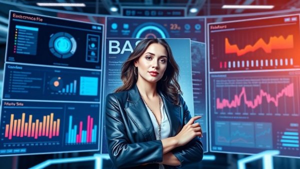 Modern digital interface with magazine cover and interactive dashboard screens.