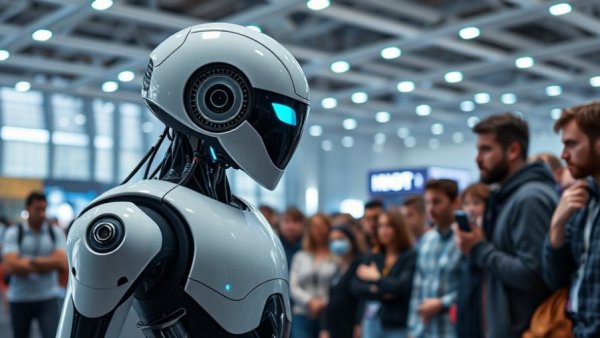 Futuristic robot observed by a crowd at a tech exhibition.