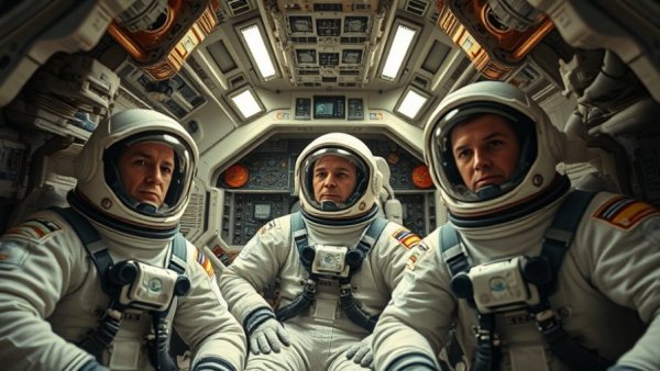 Astronauts inside spacecraft, focused, cinematic scene, intricate background.