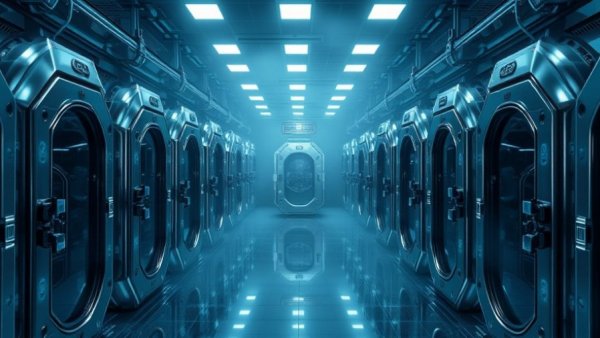 Cryonics chambers bathed in blue light and mist, evoking technological isolation.