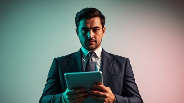 Impact of AI on Cognitive Skills: Man with tablet in green-themed setting.