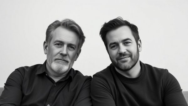 Two calm men in black and white studio portrait.
