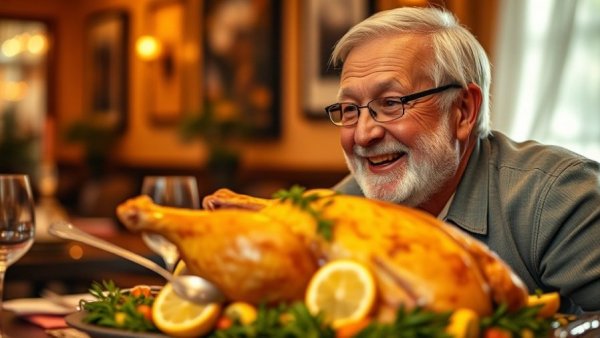 AI slop recipe inspiration: Man admiring a beautifully served roast turkey in warm setting.