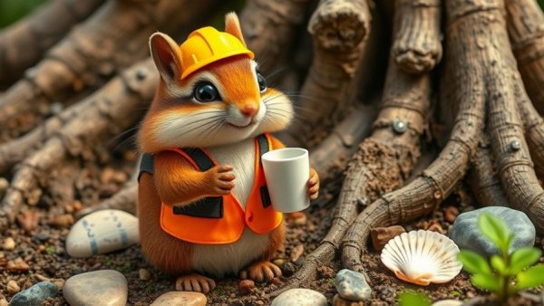 Amusing chipmunk in construction outfit with coffee