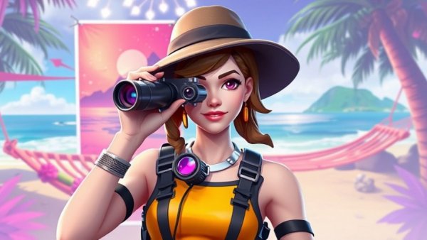 Fortnite character with binoculars and colorful background poster.