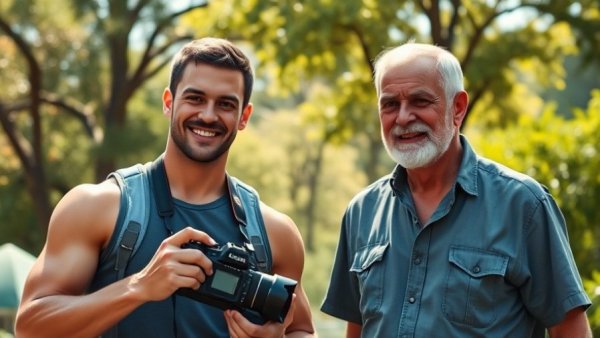 Two men outdoors; engaging nature scene with camera.