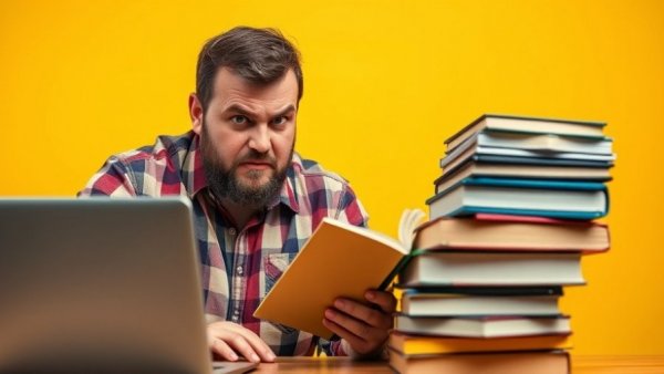 Frustrated man in library confronting misinformation.