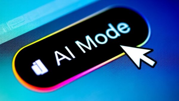 Close-up of Google AI Mode button with colorful gradient.