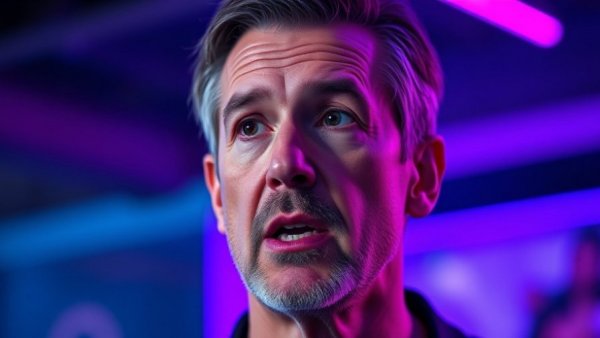 Middle-aged man speaking against vibrant blue background, CoreWeave Stock Value Decline.