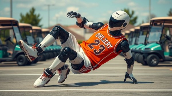 Humanoid robot in basketball jersey interacts in an outdoor scene.