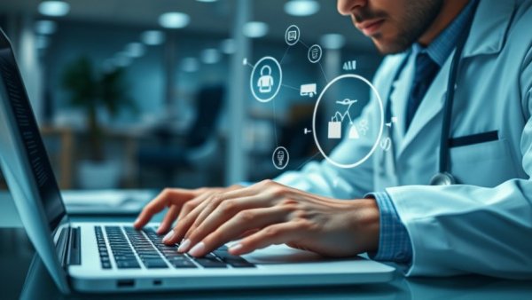 Doctor using laptop with digital AI in healthcare icons.