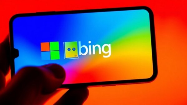 Smartphone displaying Microsoft Bing against colorful backdrop, related to AI search visibility.