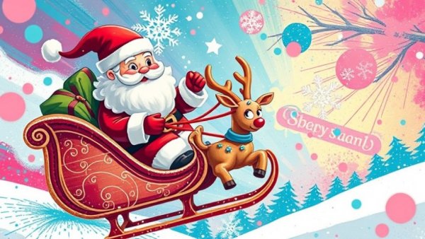 Whimsical Santa and reindeer sleigh in vibrant pop art style.