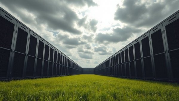 Modern data center in a field highlighting environmental impact.