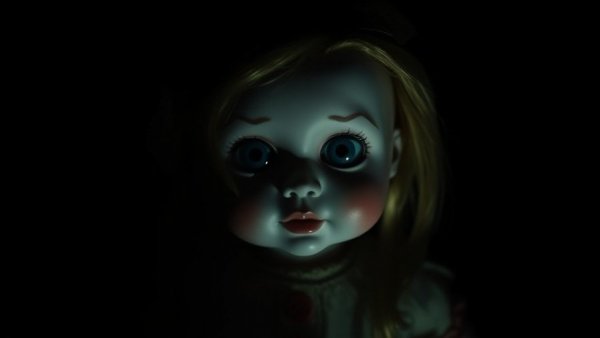Cinematic photo of vintage doll casting eerie shadows, AI-Powered Toys Safety.