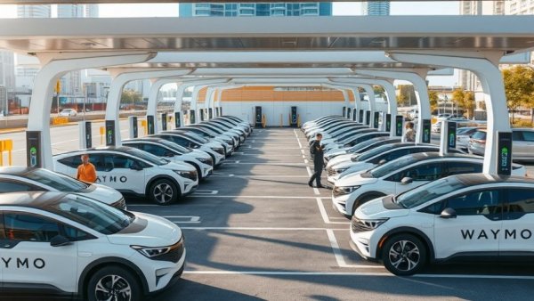 Waymo fleet parked at charging station, aerial view, urban setting.