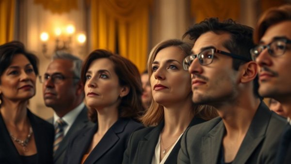 Close-up of business professionals at formal event, attentive listening.