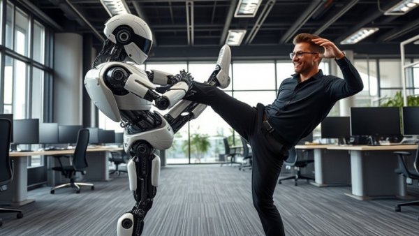 Futuristic humanoid robot kicks human in office environment, showcasing robotics in action.