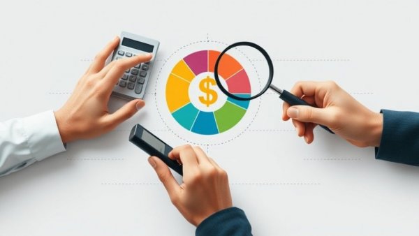 Business collage analyzing SEO and PPC budget mix with calculator and magnifying glass.