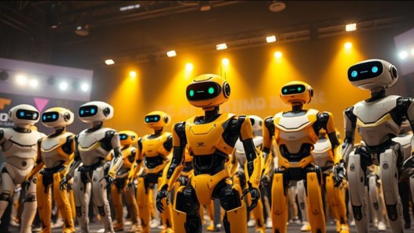 Futuristic AI robots and machinery at CES 2026 event with dramatic lighting.