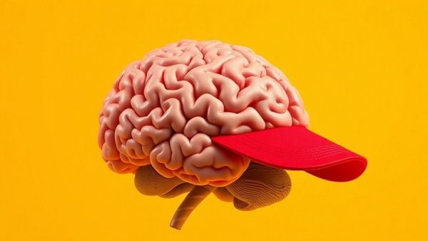 Red cap on brain representing cognitive bias in political opinions, vivid yellow background